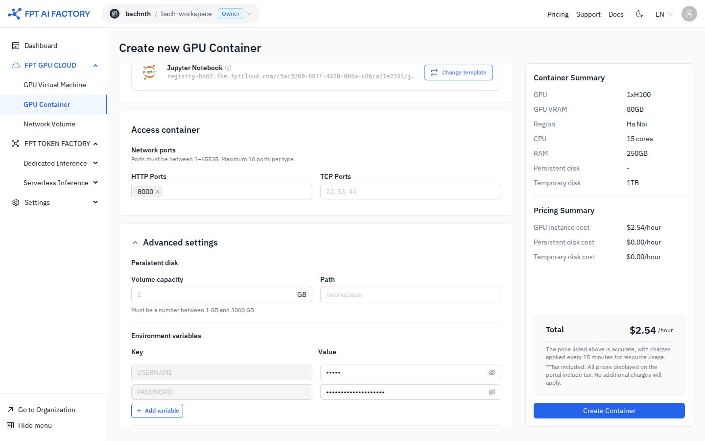 Advanced settings — Persistent disk and Environment variables