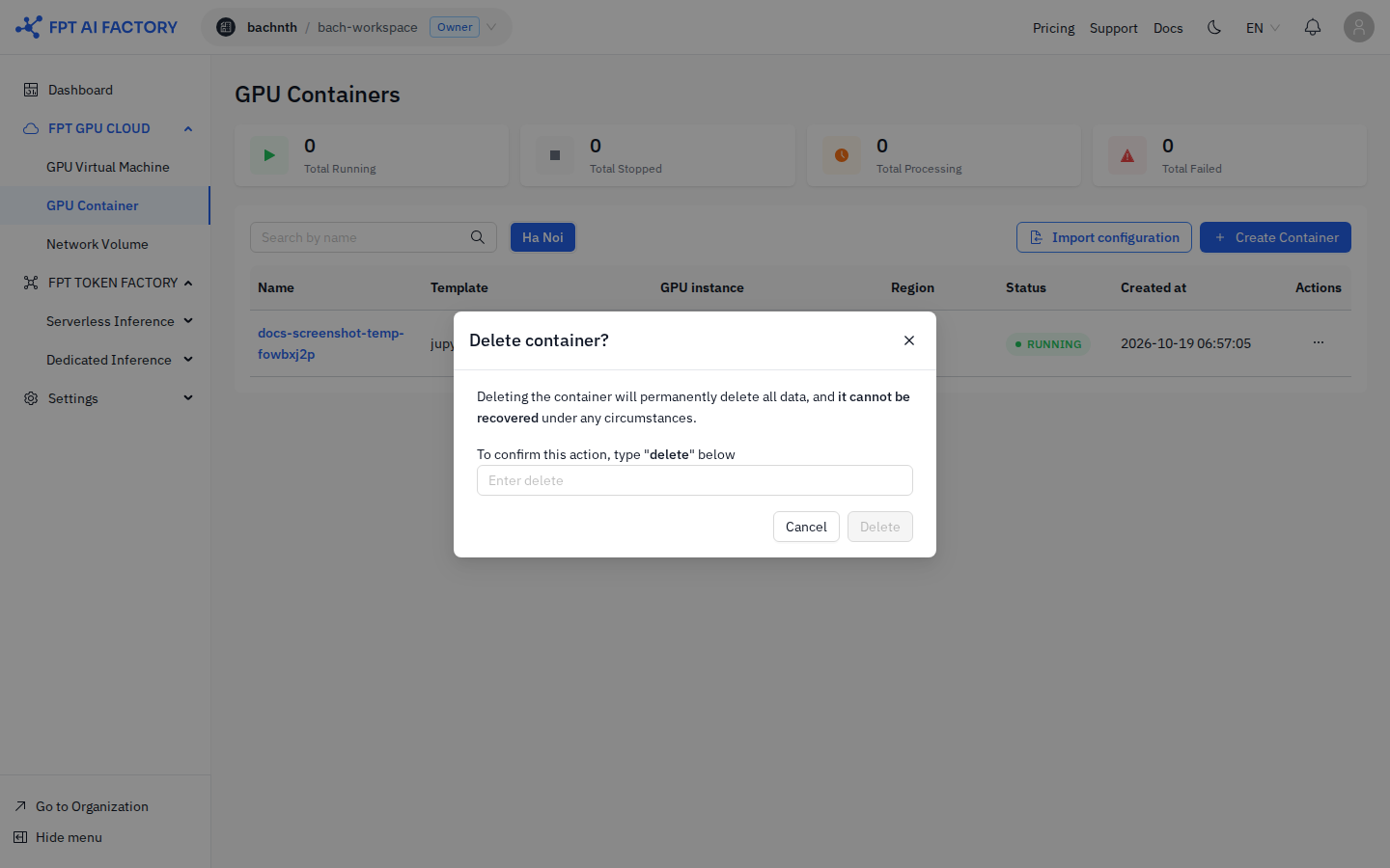 Delete container dialog — type "delete" to confirm
