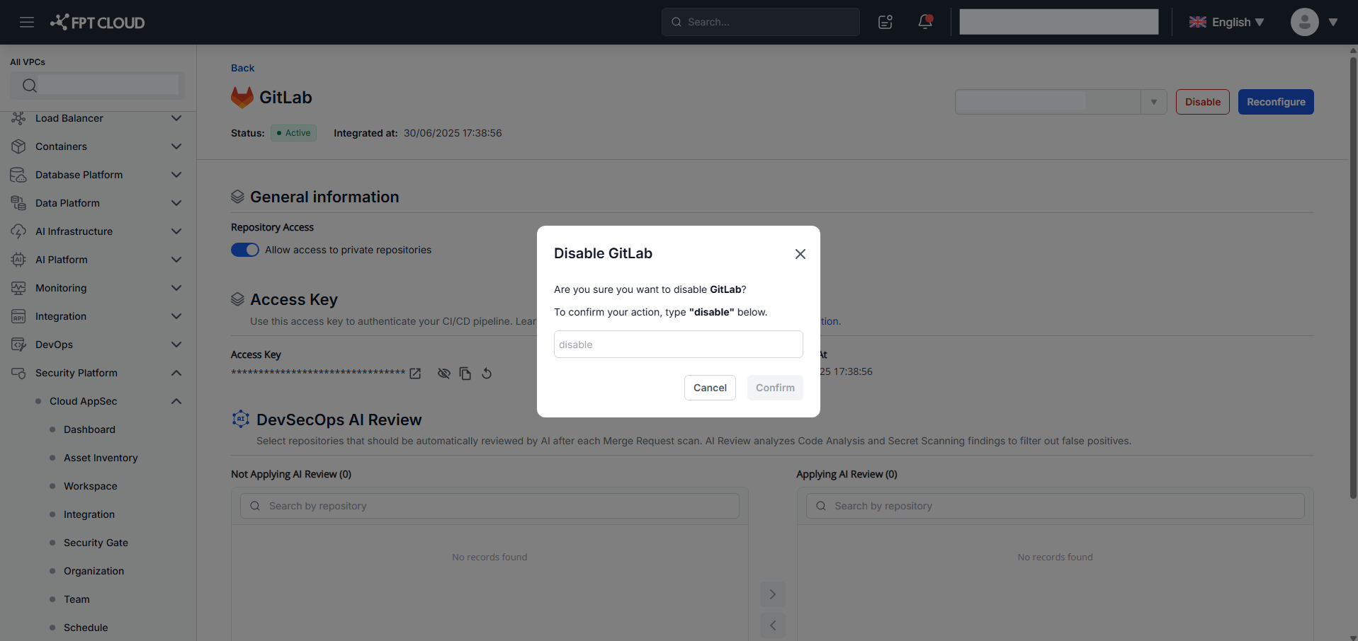 GitLab integration — disable confirmation