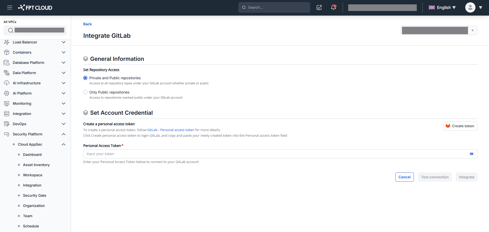 GitLab integration — configure form and access settings