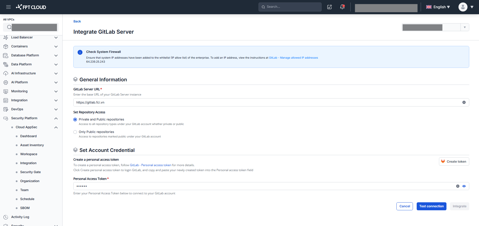 GitLab Server integration — configure form with URL and access settings