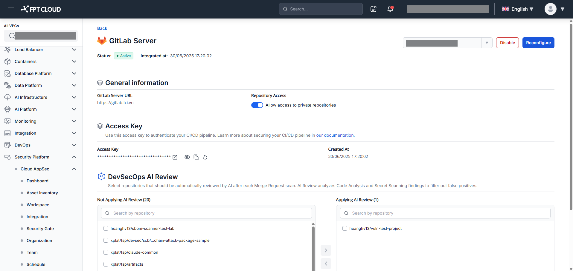 GitLab Server integration — detail view