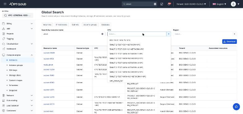 VPC filter dropdown on the results screen