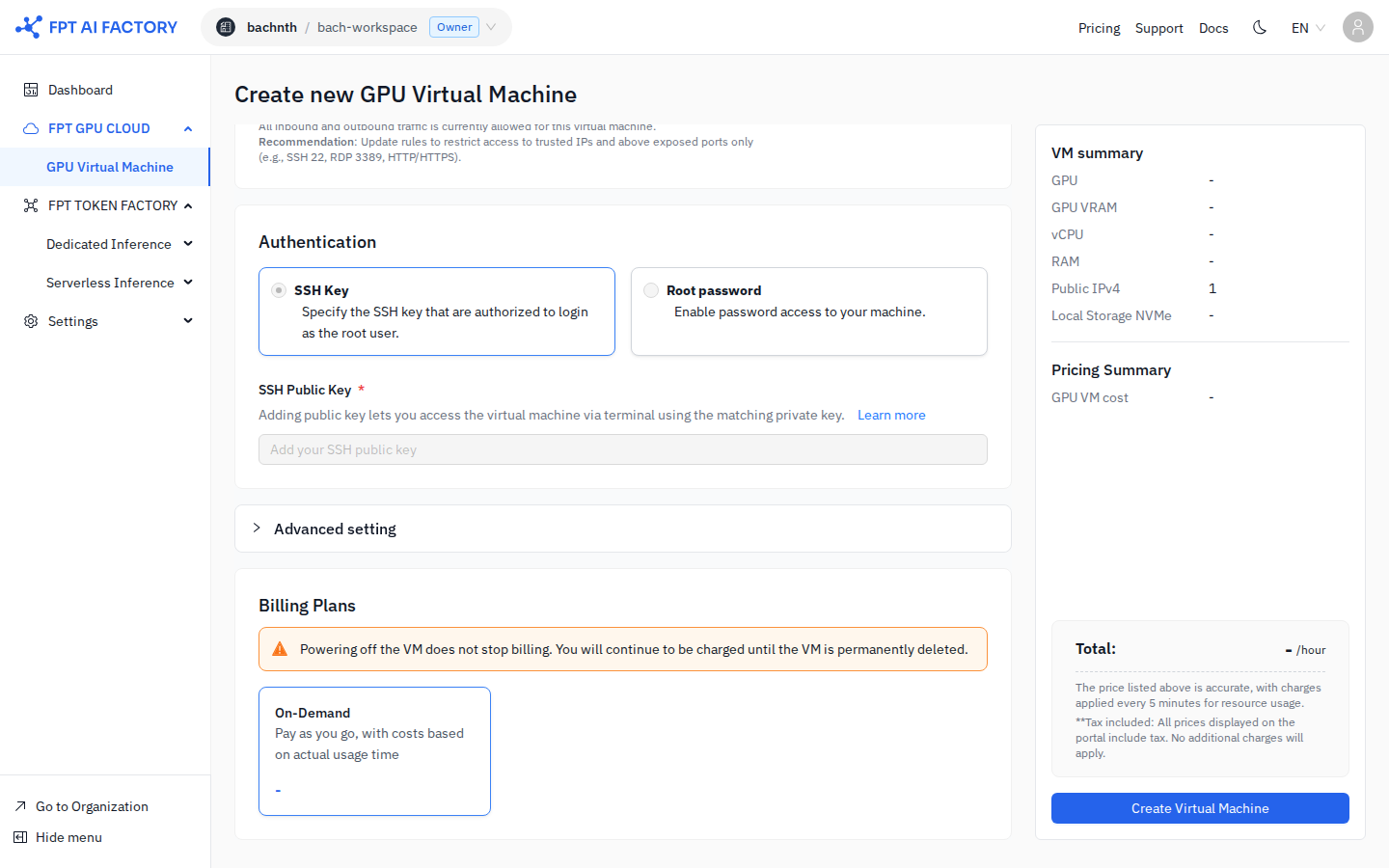 Authentication section — SSH Key selected with public key field and billing plan