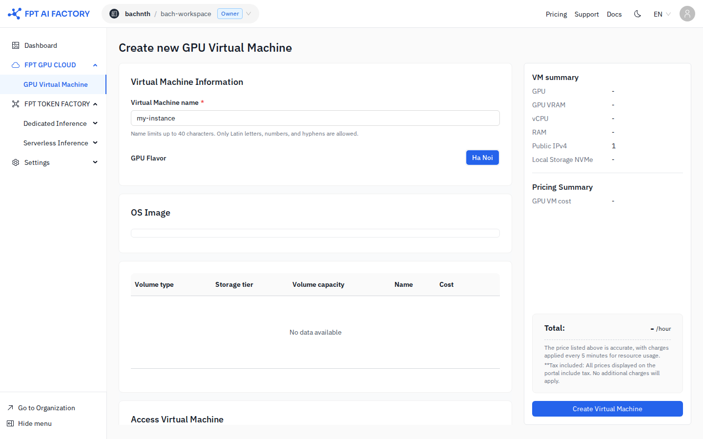 Create GPU VM form — VM name, flavor, OS image, and volume table