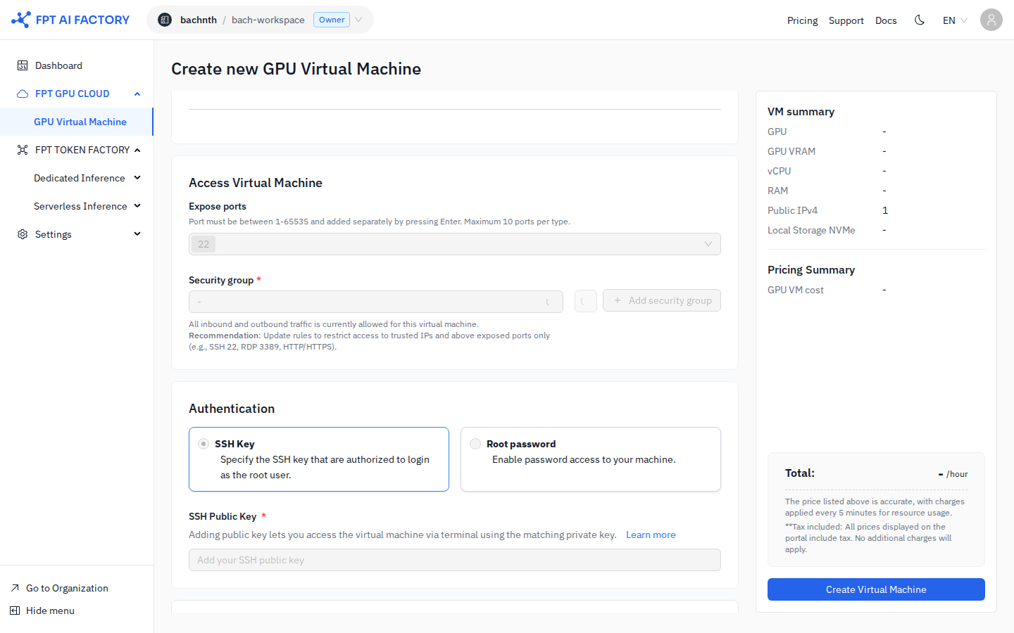 Access Virtual Machine section — exposed ports, security group, and authentication