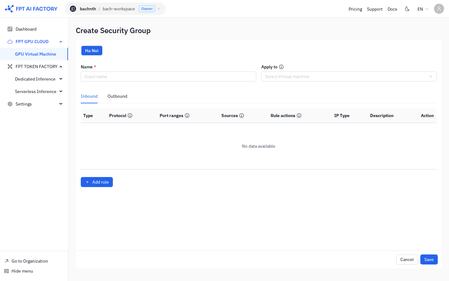 Create Security Group page — name, apply to, inbound/outbound rules table