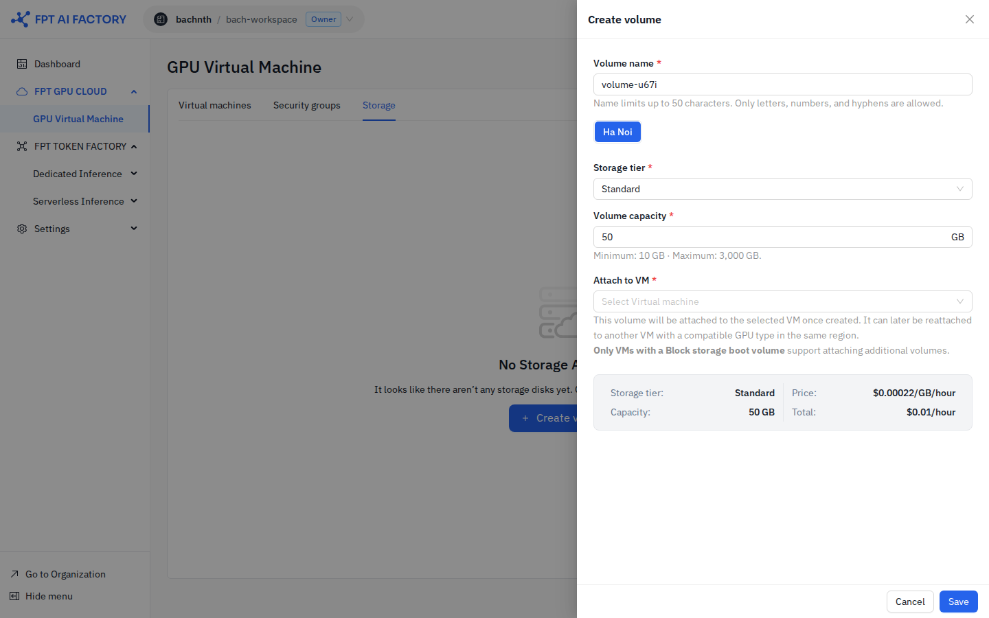 Create volume drawer — name, storage tier, capacity, attach to VM, and pricing