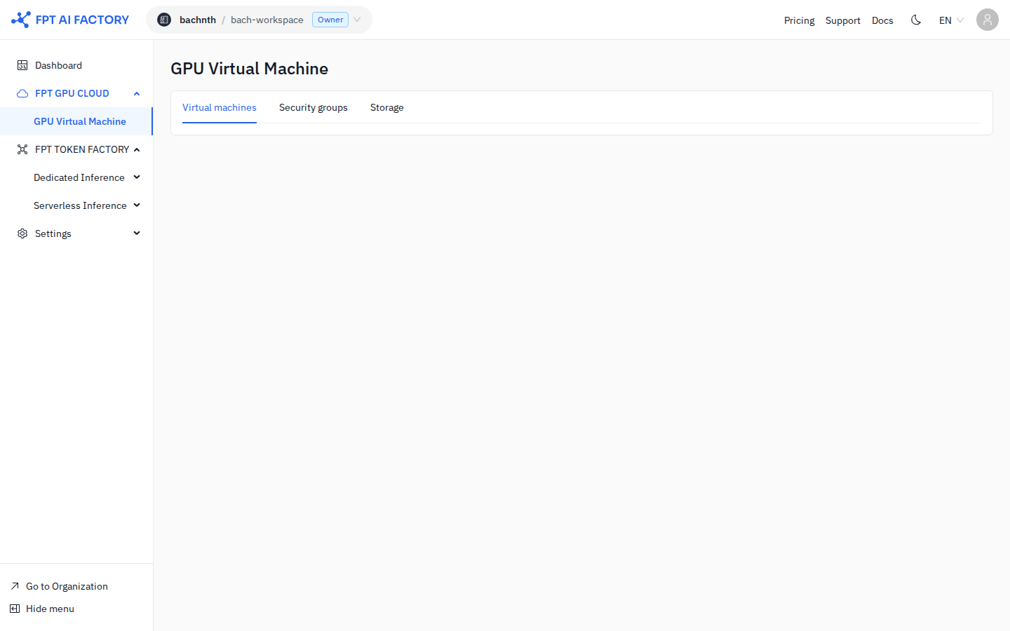 GPU VM list page showing the Virtual machines, Security groups, and Storage tabs