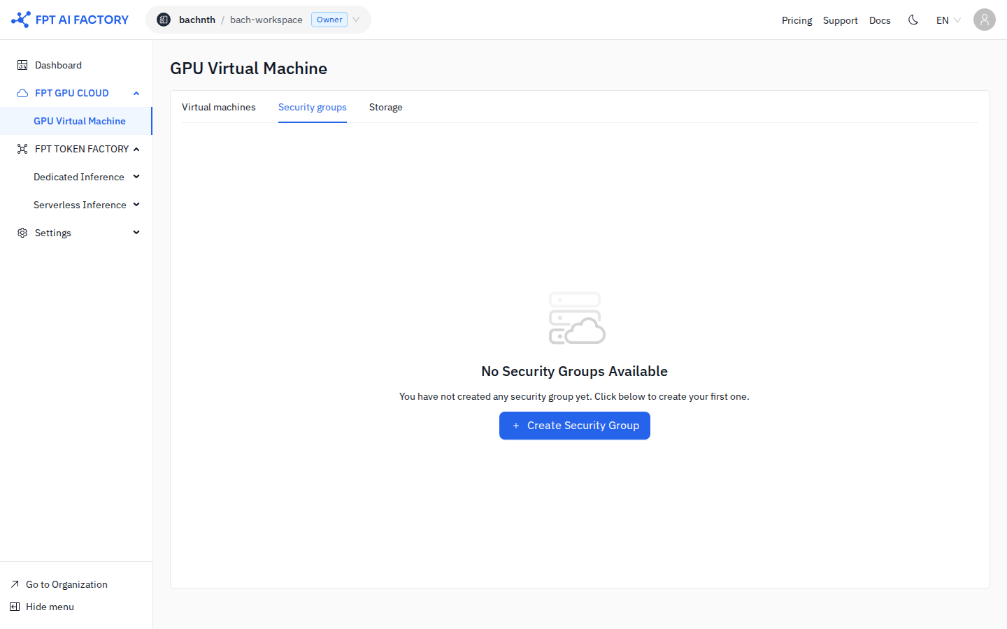 Security groups tab — empty state with Create Security Group button
