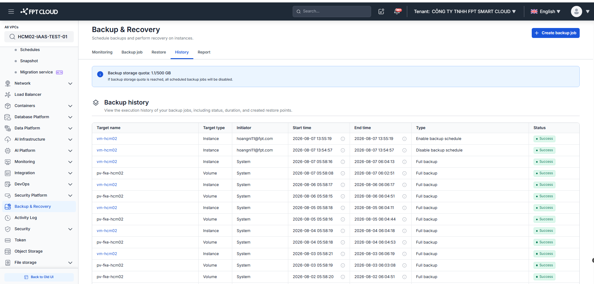 Backup history table