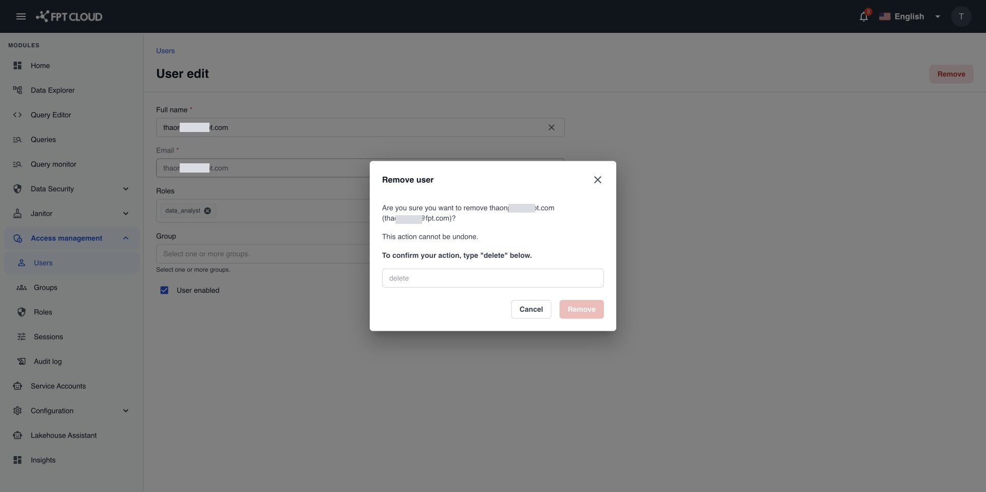 Remove user dialog asking you to type delete to confirm