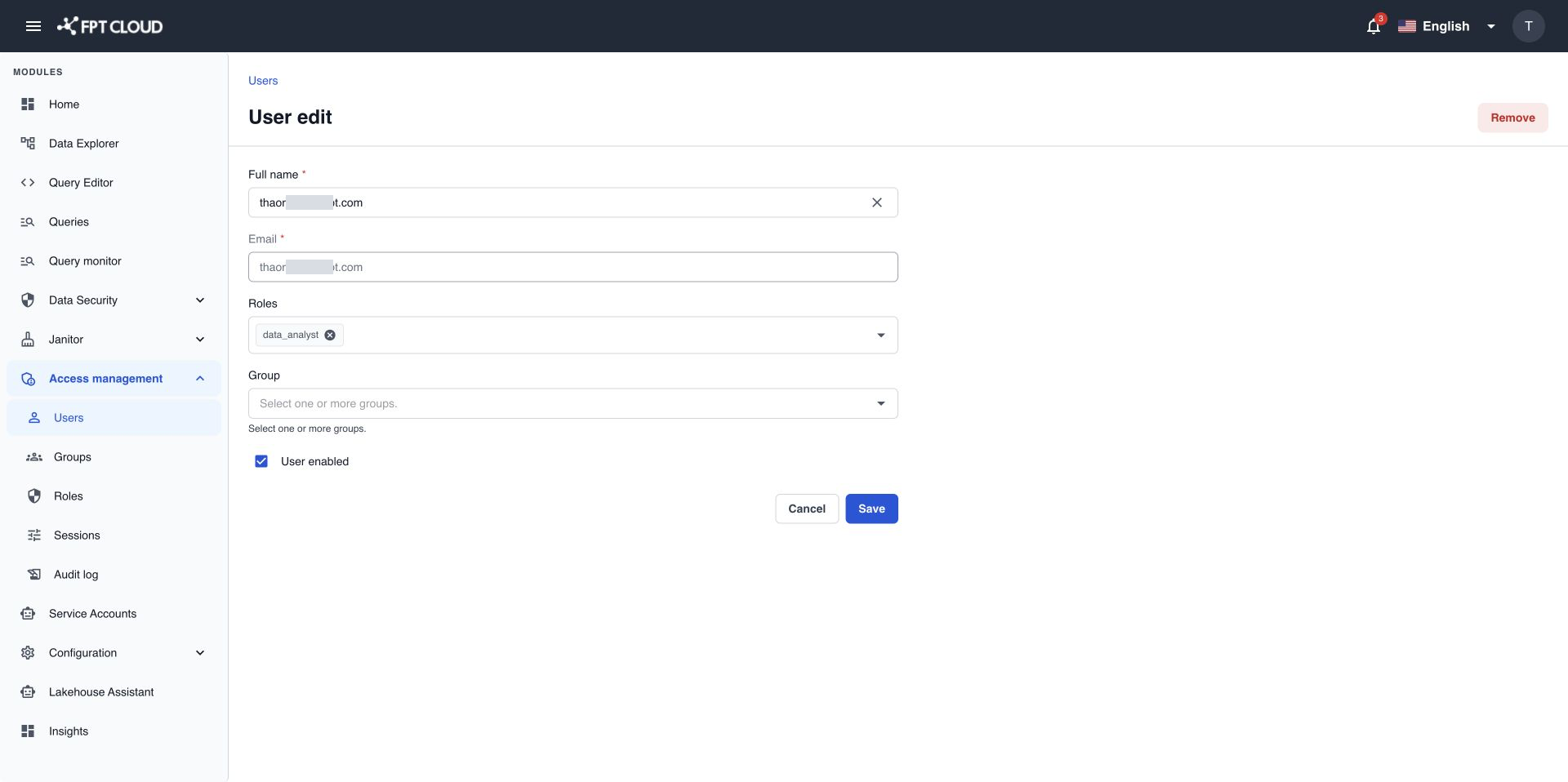 Edit user form with role tags in the Roles field