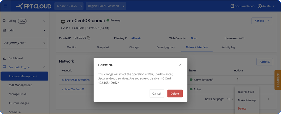 Confirm NIC card deletion