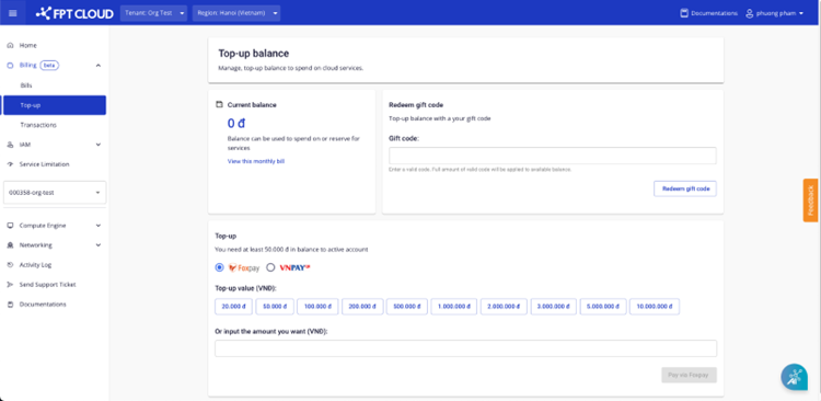 Billing – Topup page