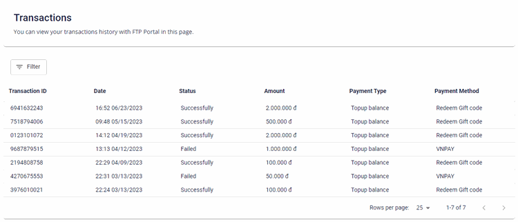 Transaction history page