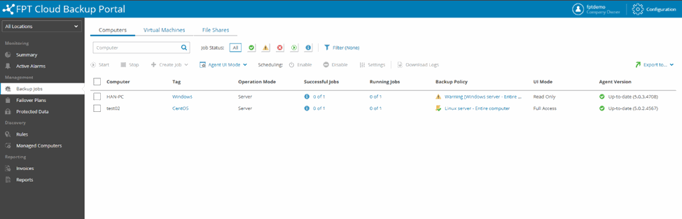 Backup job visible in portal