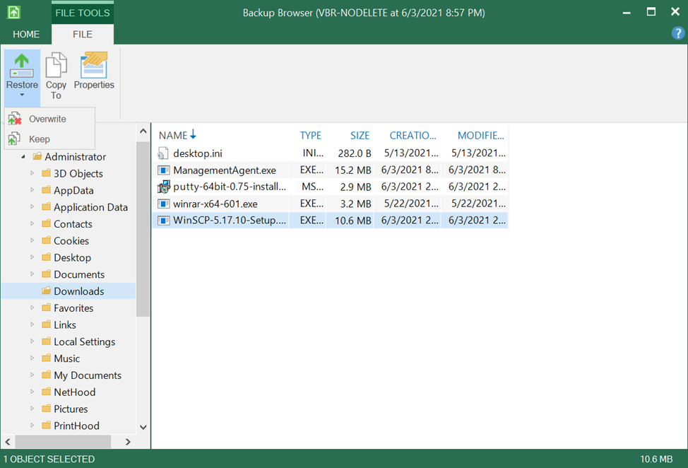 Select files and restore option