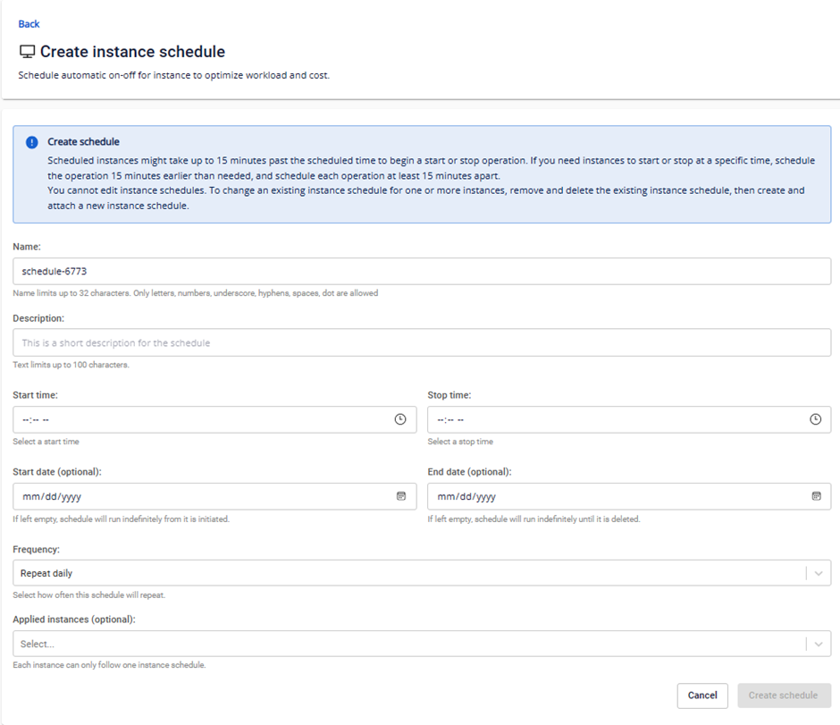 Create instance schedule form
