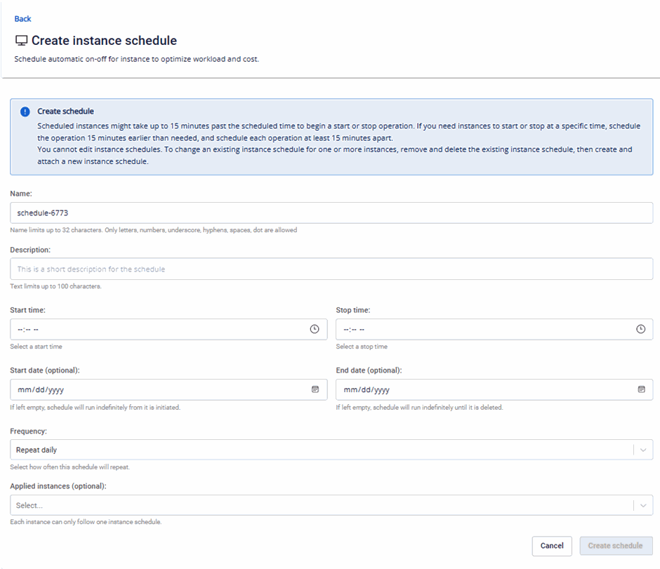 Create instance schedule form