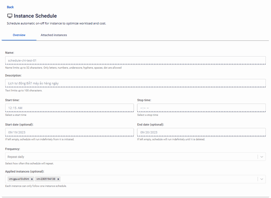 Instance schedule overview