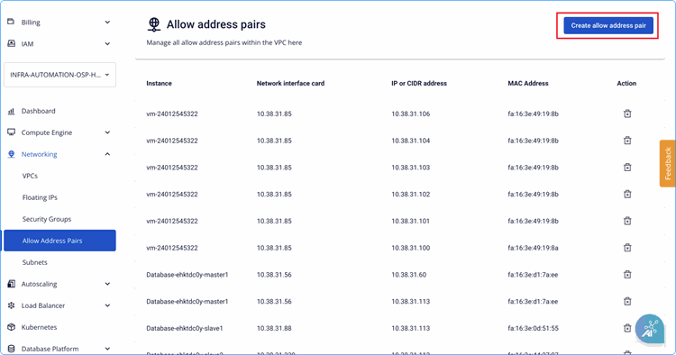 Allow address pair management screen