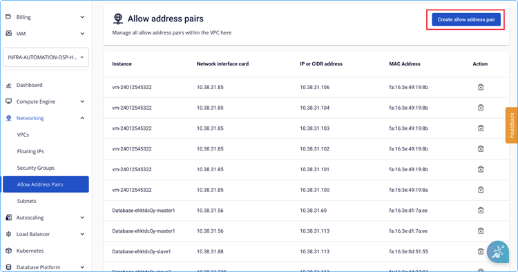 Allow address pair management screen