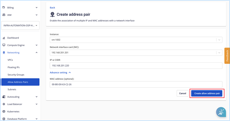 Click Create allow address pair button