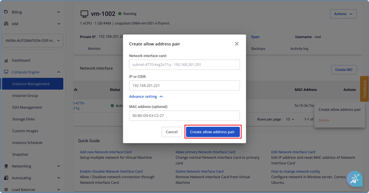 Click Create allow address pair button