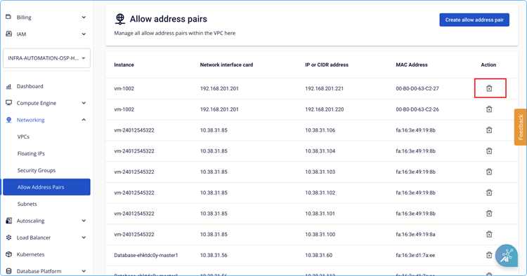 Delete icon on allow address pair list