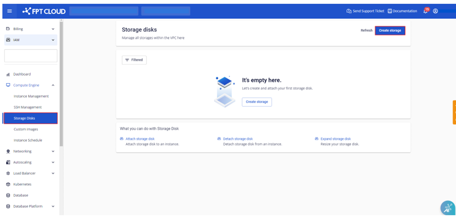 Storage Disk screen with Create Storage button