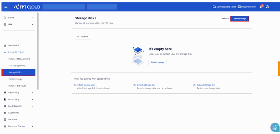 Storage Disk screen with Create Storage button