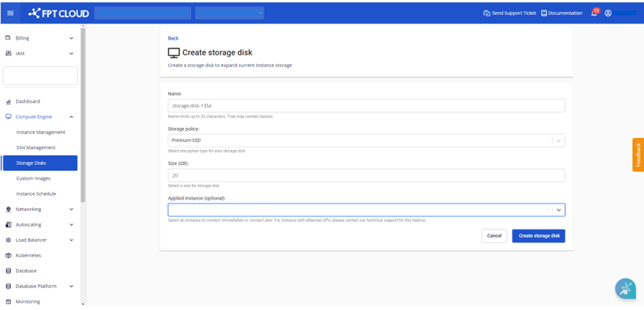 Create Storage Disk dialog