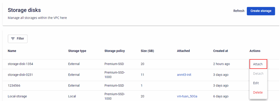 Actions menu with Attach option