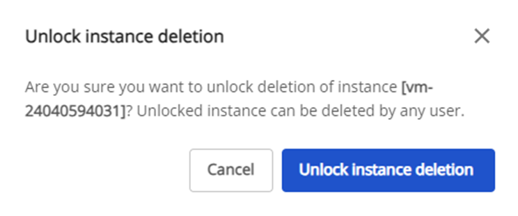 Unlock Instance Deletion confirmation dialog