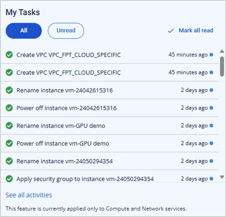 Bell Recent task recording tasks currently running on the VPC