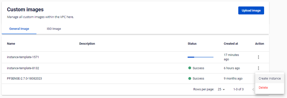 Actions menu with Create Instance option