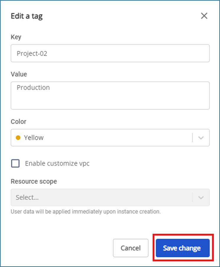 Edit tag dialog with Key, Value, and Color fields