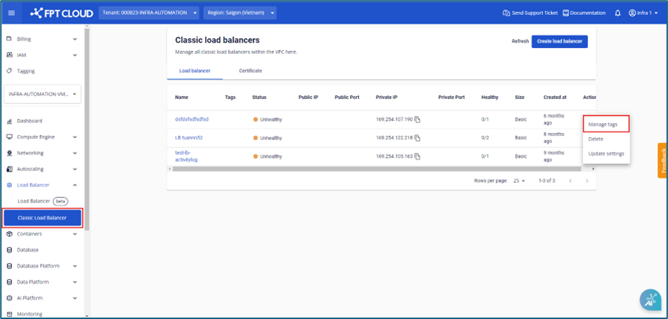 Actions menu with Manage tags option for Load Balancer