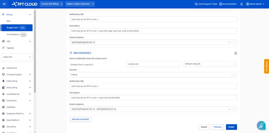 Alert threshold configuration example