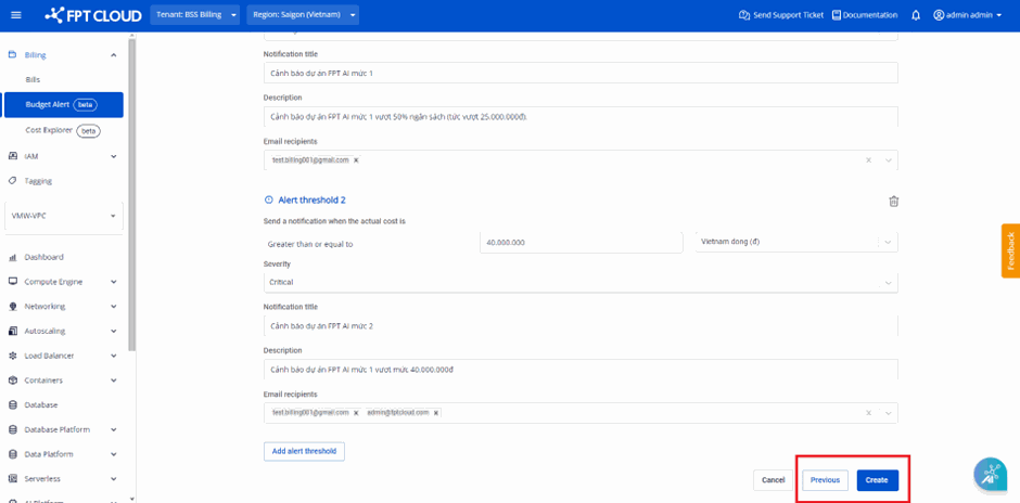 Confirm Budget Alert creation