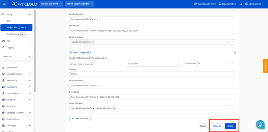 Confirm Budget Alert creation