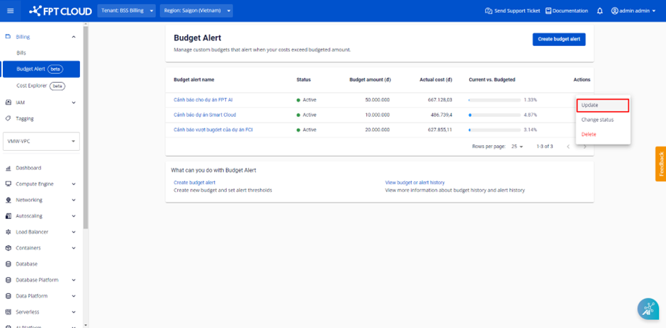 Select Update Budget Alert