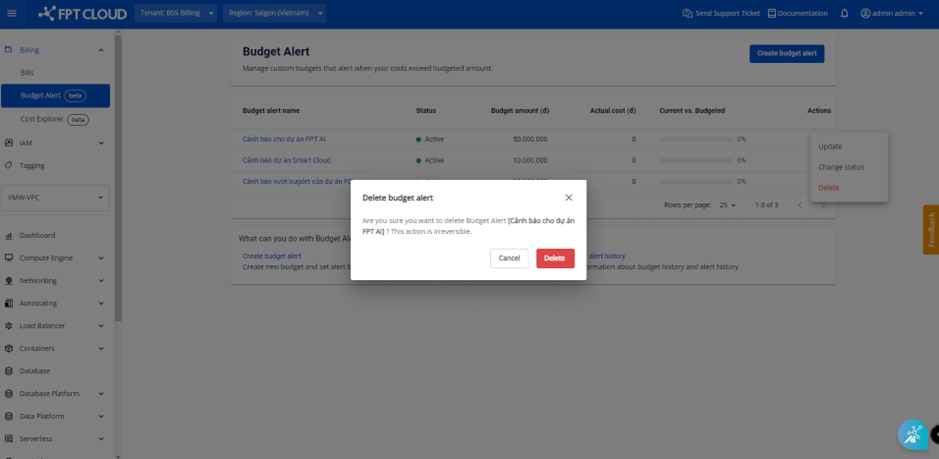 Budget Alert deletion confirmation dialog