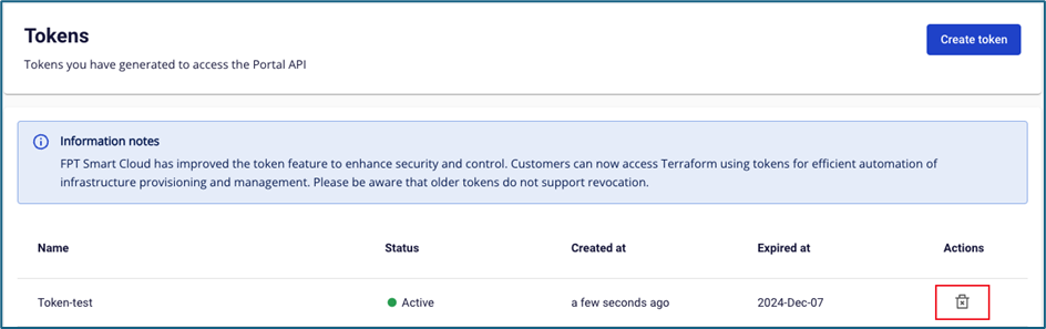 Actions menu with Revoke token option