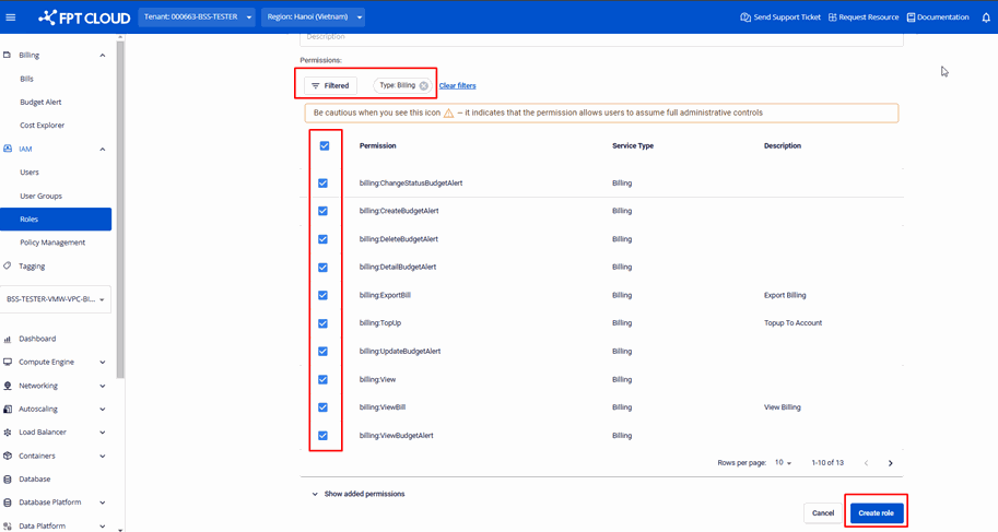 Select billing permissions