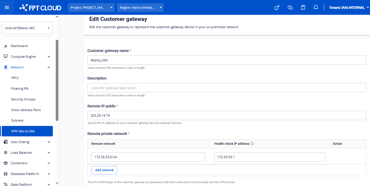 Customer Gateway form