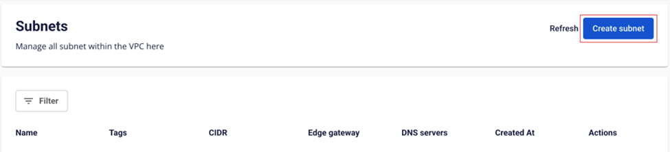 Subnets screen with Create subnet button