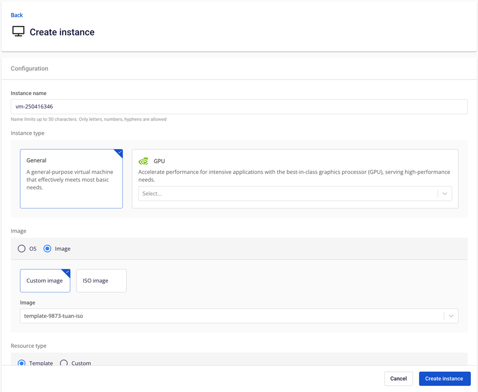Create Instance dialog from template