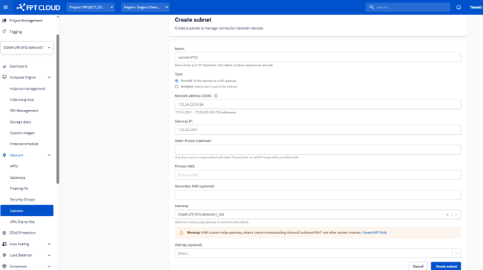 Create Subnet with Custom Gateway